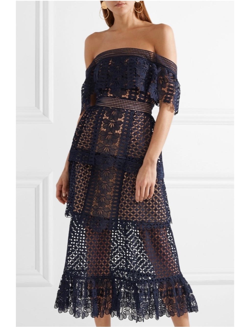 Self-Portait Navy Guipure Lace (Retail $975CAD) Off-Shoulder Midi Dress - Picture 3 of 7